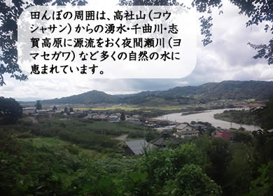 田んぼの周囲は、高社山（コウシャサン）からの湧水・千曲川・志賀高原に源流をおく夜間瀬川（ヨマセガワ）など多くの自然の水に恵まれています。